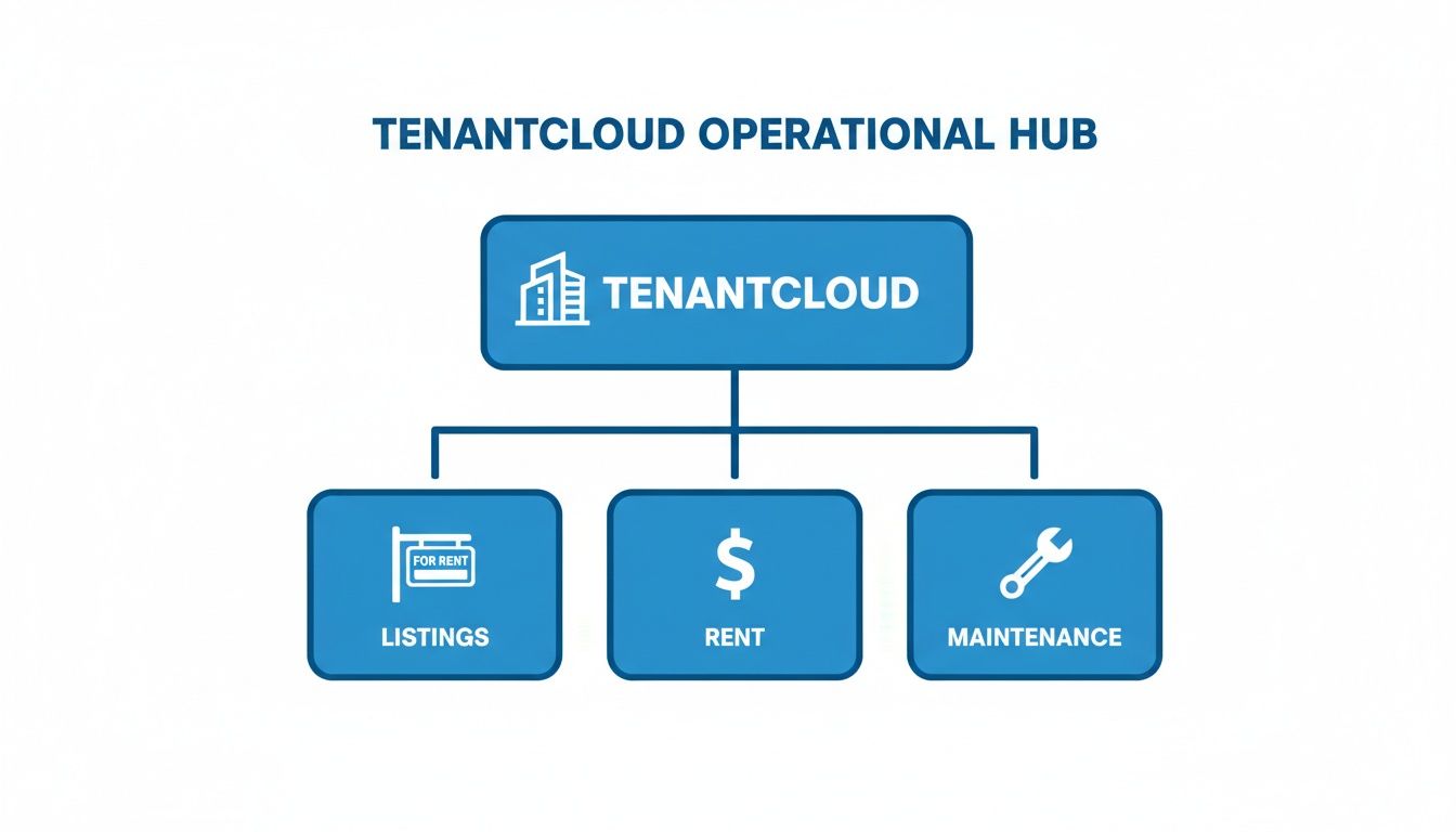 A diagram titled 'TenantCloud Operational Hub' showing TenantCloud connected to Listings, Rent, and Maintenance.