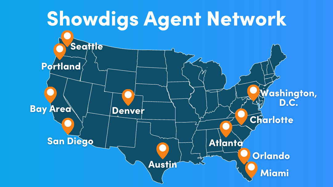 showdigs on demand agent network is available in seattle, portland, bay area, san diego, denver, austin, orlando, miami, atlanta, charlotte, and washington dc