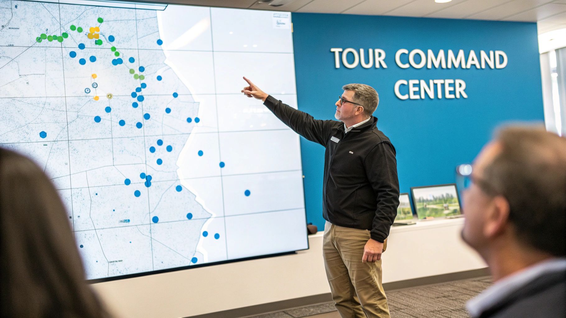 Tour manager presenting operational data on digital map display in command center