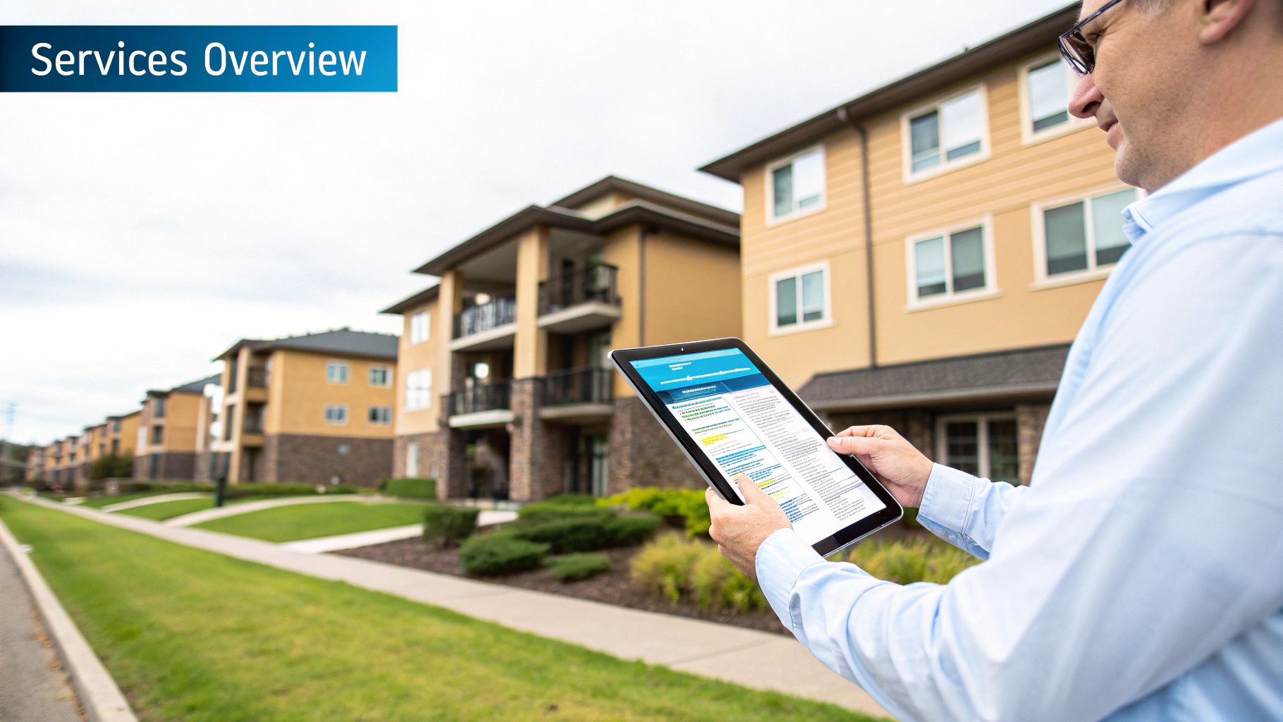 A property manager showing a modern apartment to a potential tenant, discussing costs.