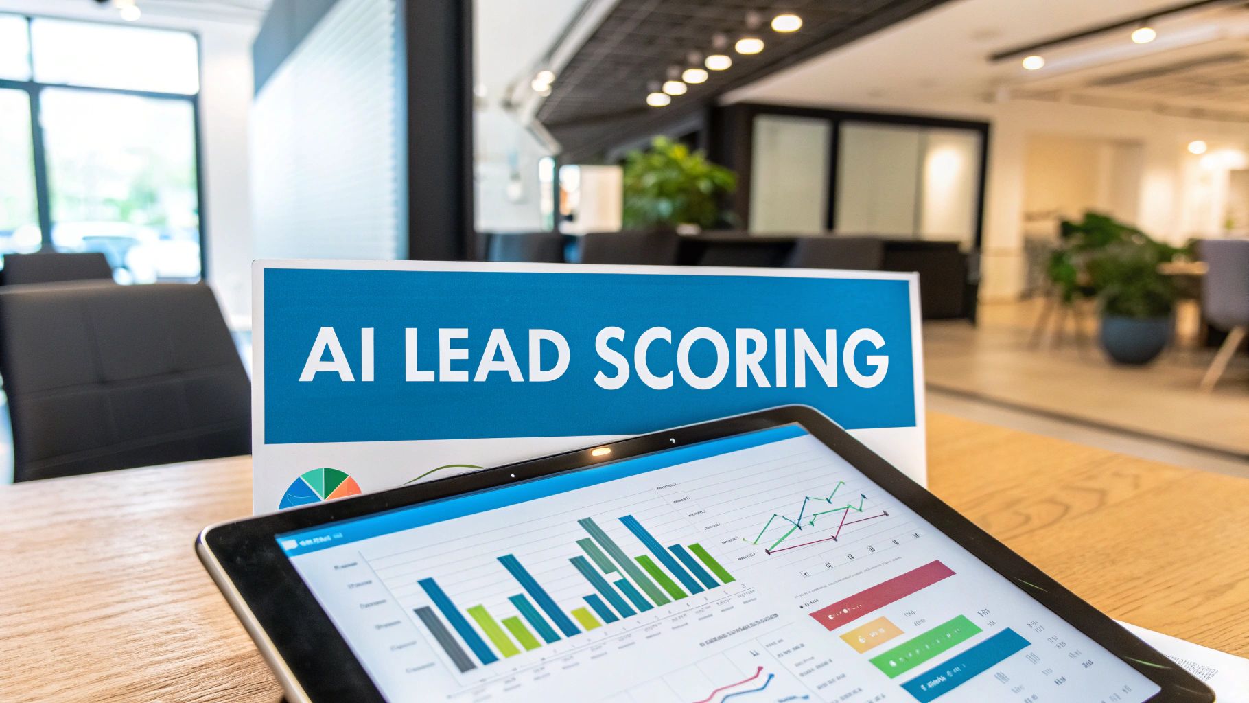 An AI-powered dashboard showing lead scores and nurturing sequences on a computer screen.