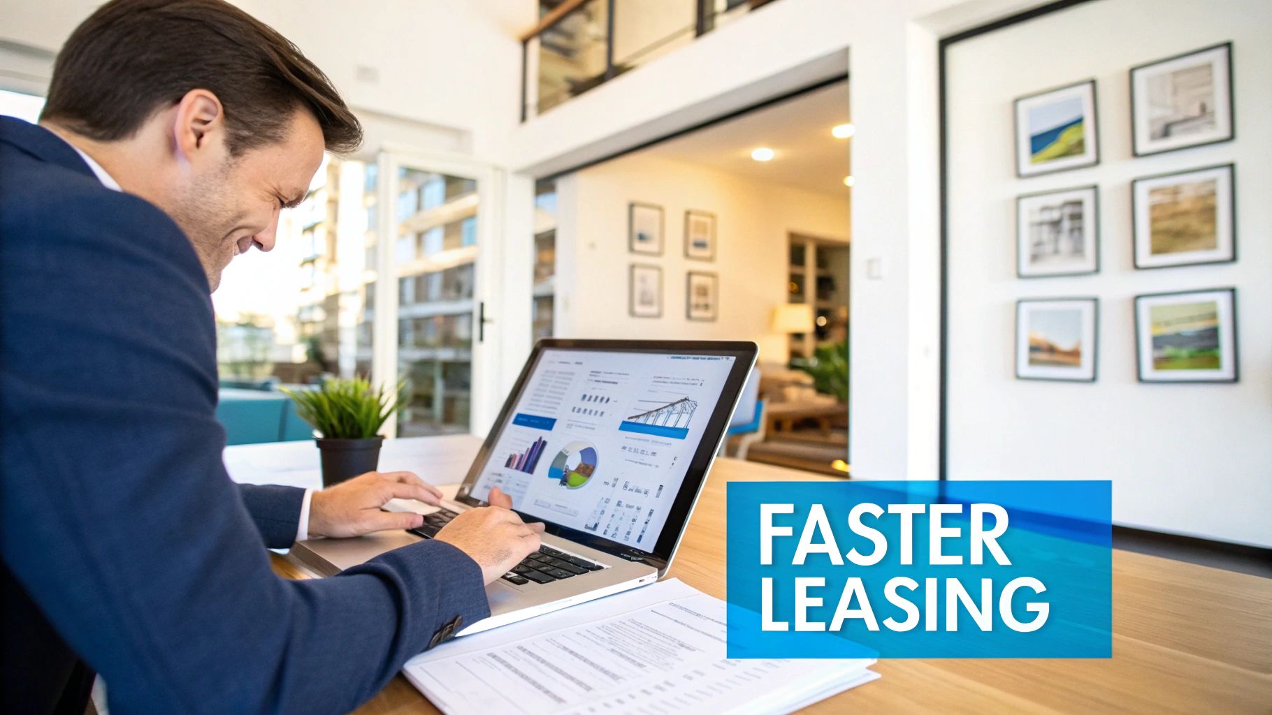 Professional man uses a laptop with business data, promoting 'Faster Leasing' solutions in a modern office.