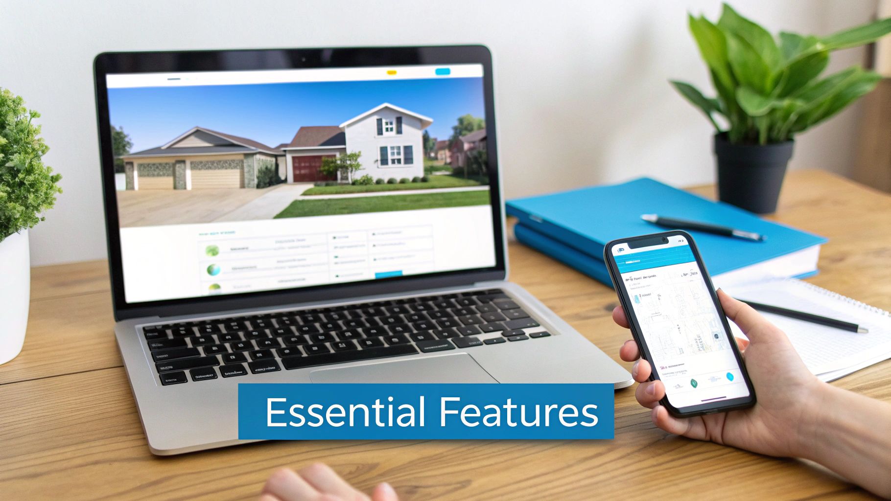 A person using a laptop displaying house images and a smartphone with a property management app.