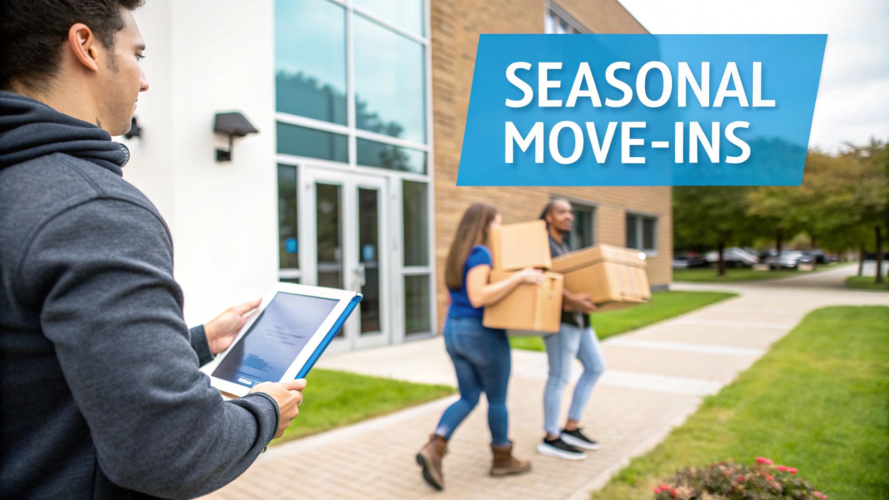 A person checks a tablet while two students carry moving boxes into a building for seasonal move-ins.