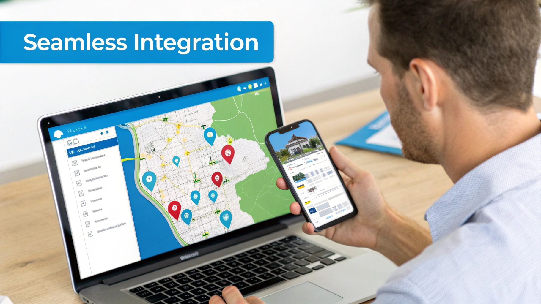 Man using a laptop with a map and a smartphone with a property listing, showing seamless integration.