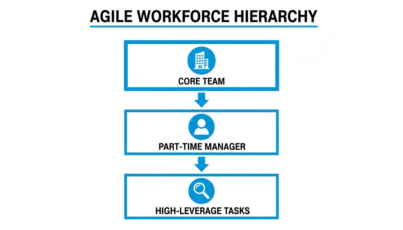 A diagram illustrating the Agile Workforce Hierarchy with Core Team, Part-Time Manager, and High-Leverage Tasks.