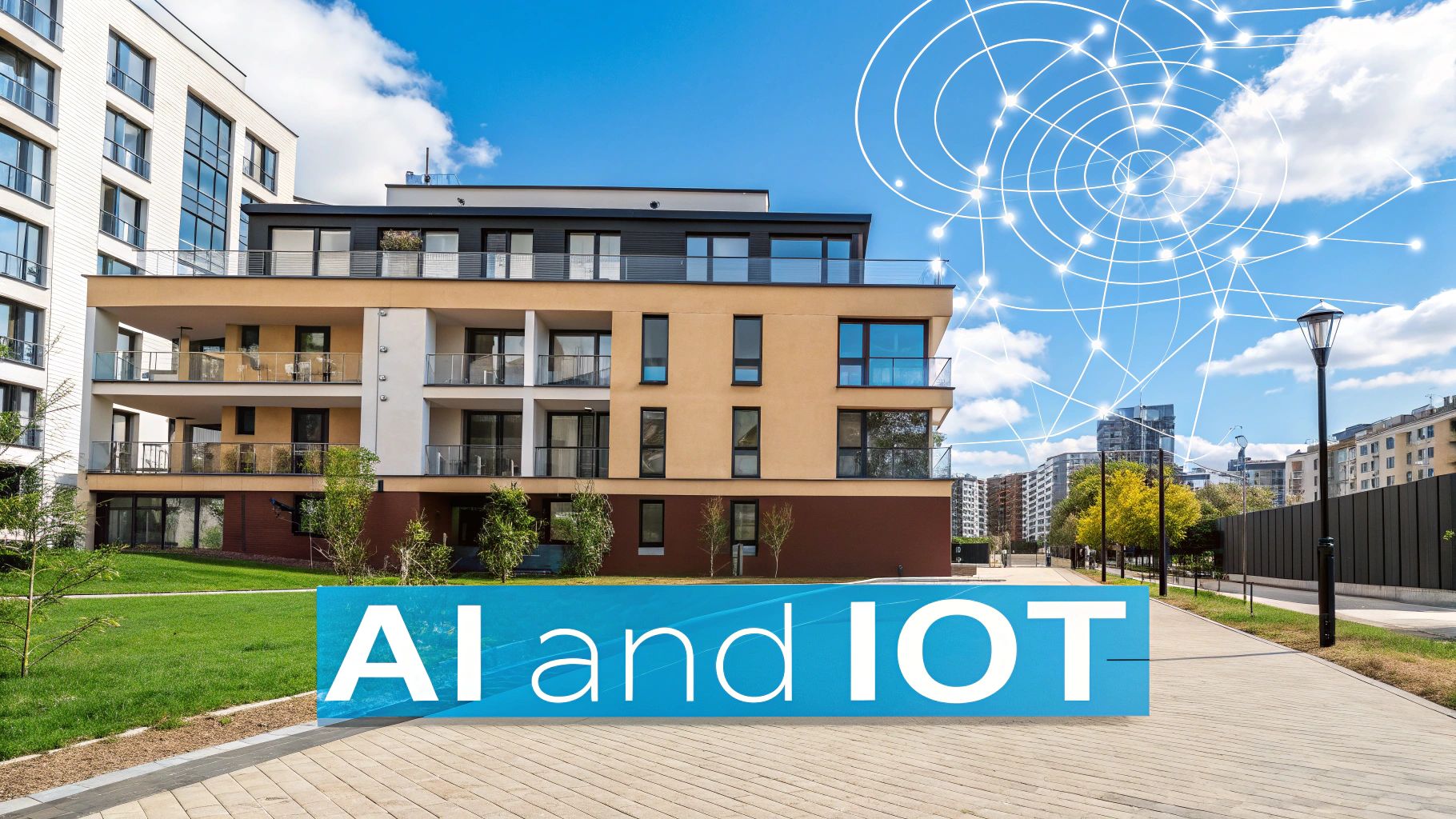 A futuristic digital interface showing interconnected smart home devices and data analytics.