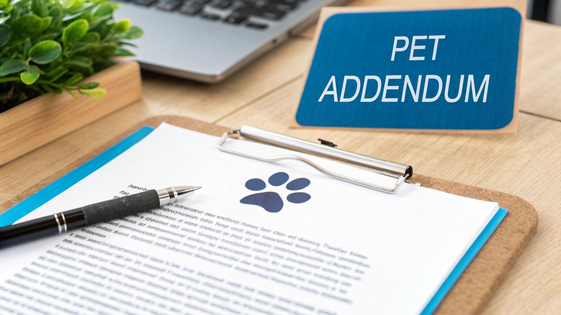 A close-up of a person's hands signing a lease addendum for pets with a pen.