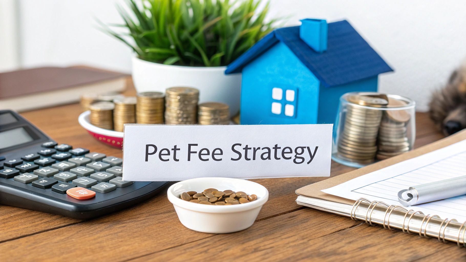 A person calculates pet fees on a calculator with a dog looking on.