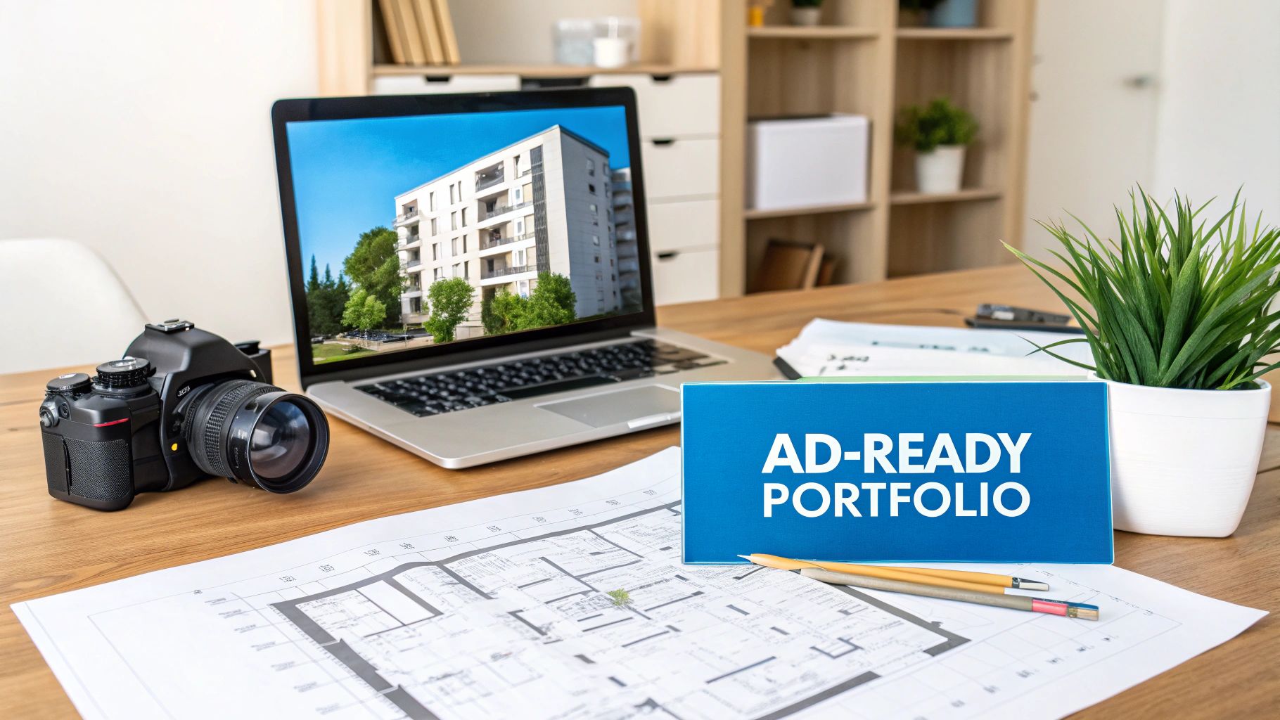 Real estate professional workspace with architectural blueprints, camera, laptop displaying apartment building, and ad-ready portfolio sign