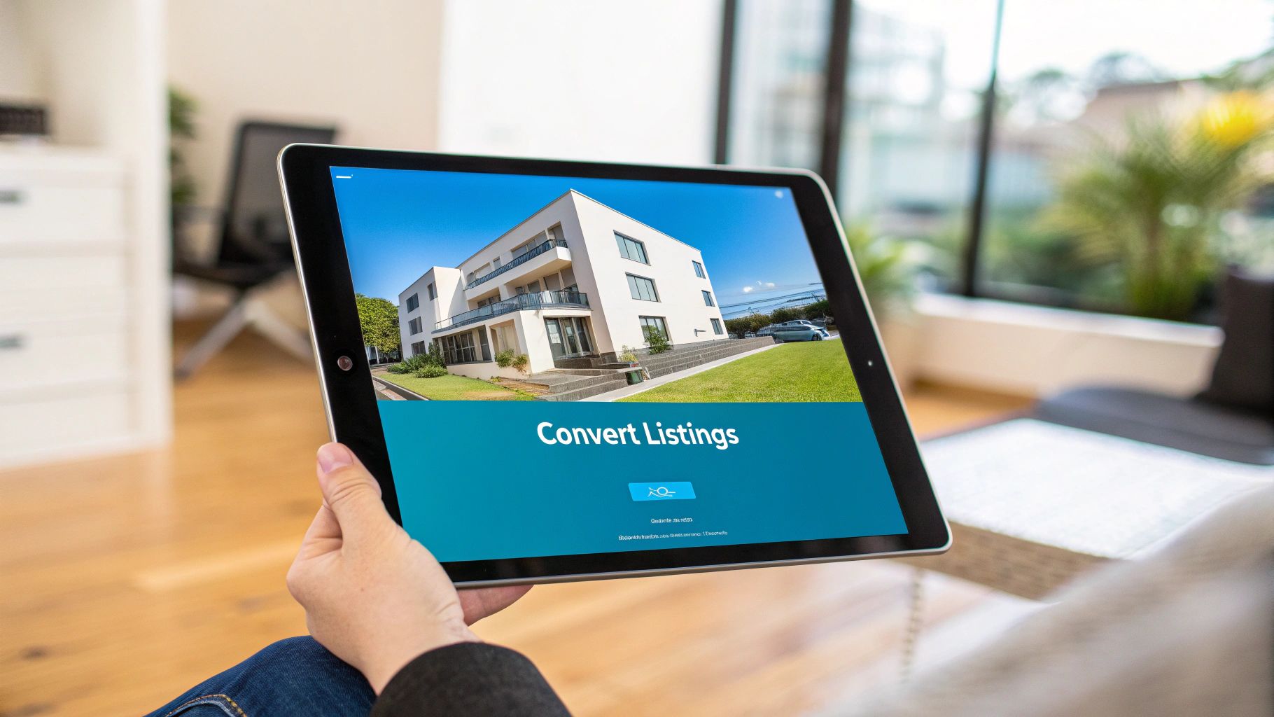 A modern, well-lit apartment living room with large windows, staged to look appealing for a rental listing.