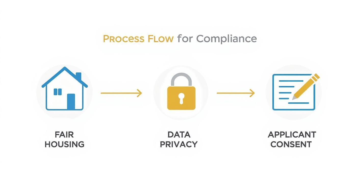 Infographic showing a process flow for maintaining compliance with steps for Fair Housing, Data Privacy, and Applicant Consent.