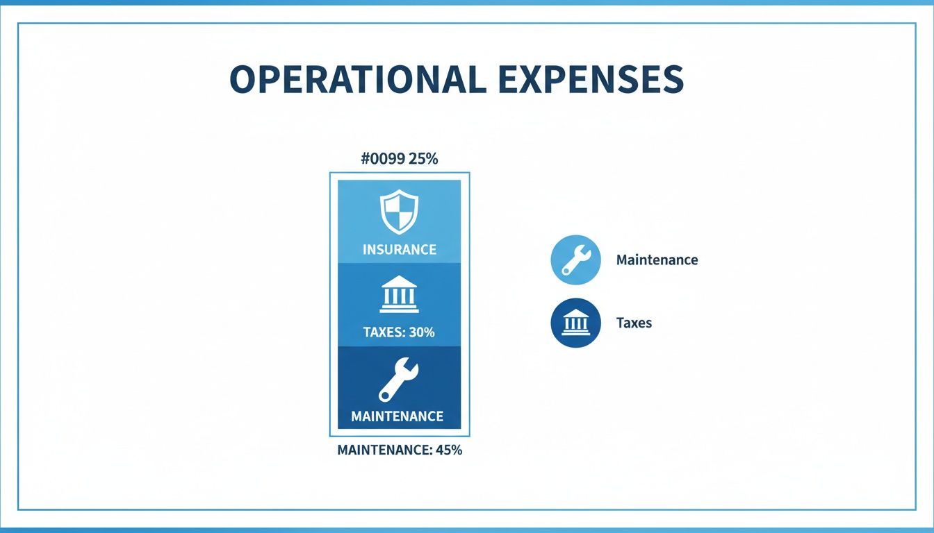 Infographic detailing operational expenses, breaking them down into insurance, taxes, and maintenance with percentages.