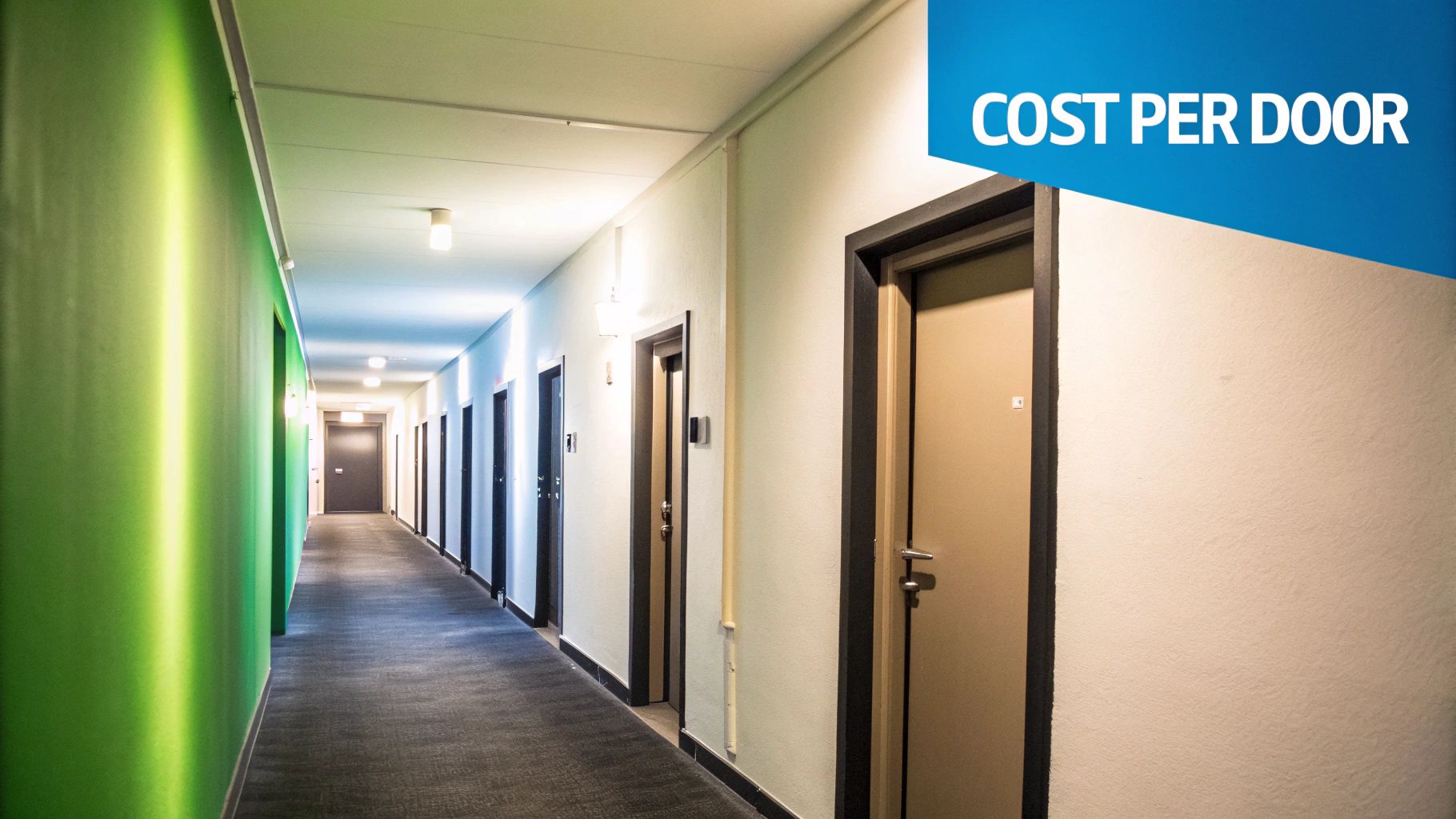 View of a long, brightly lit hallway in a building with multiple doors and a "COST PER DOOR" banner.