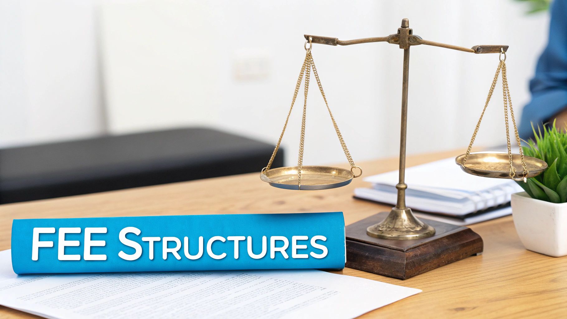 Legal scales and a 'FEE STRUCTURES' folder on a wooden desk, representing financial aspects of law.
