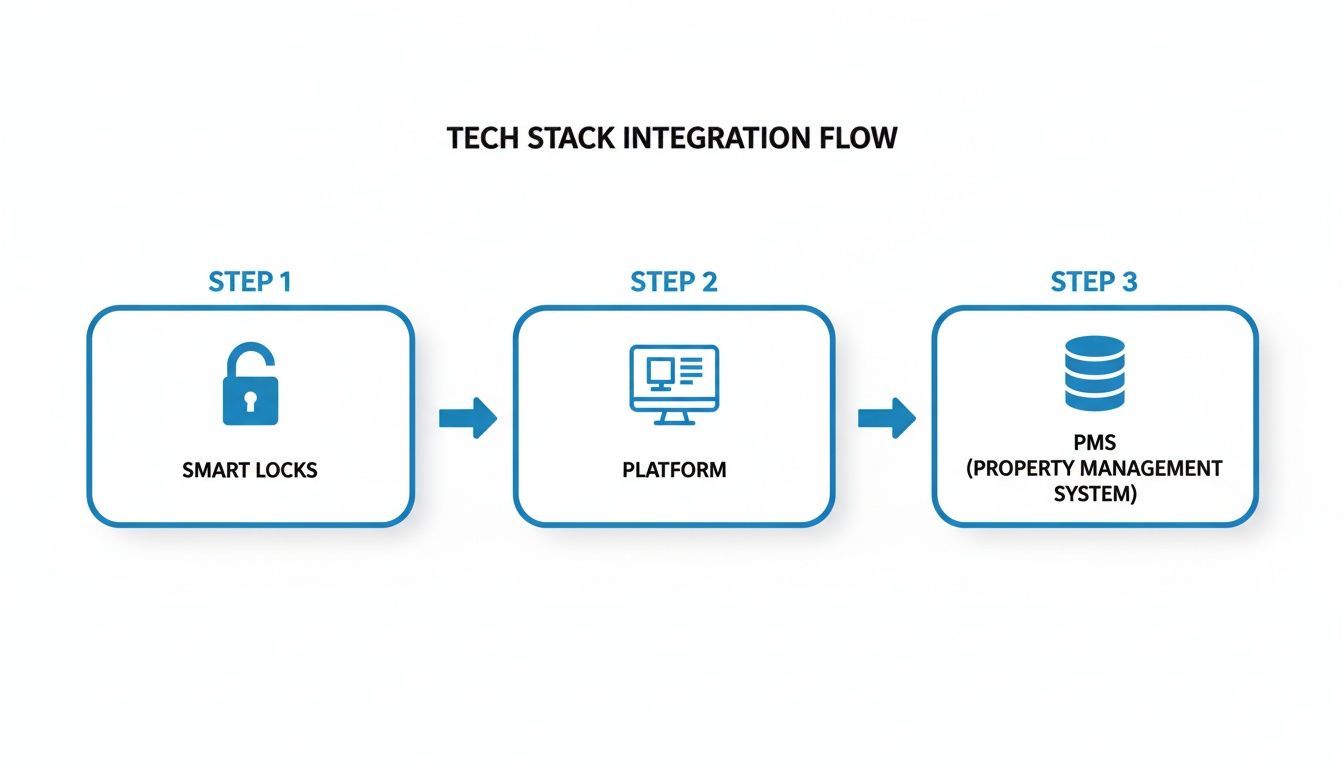 A diagram illustrating the tech stack integration flow from smart locks to a platform and then to a property management system.