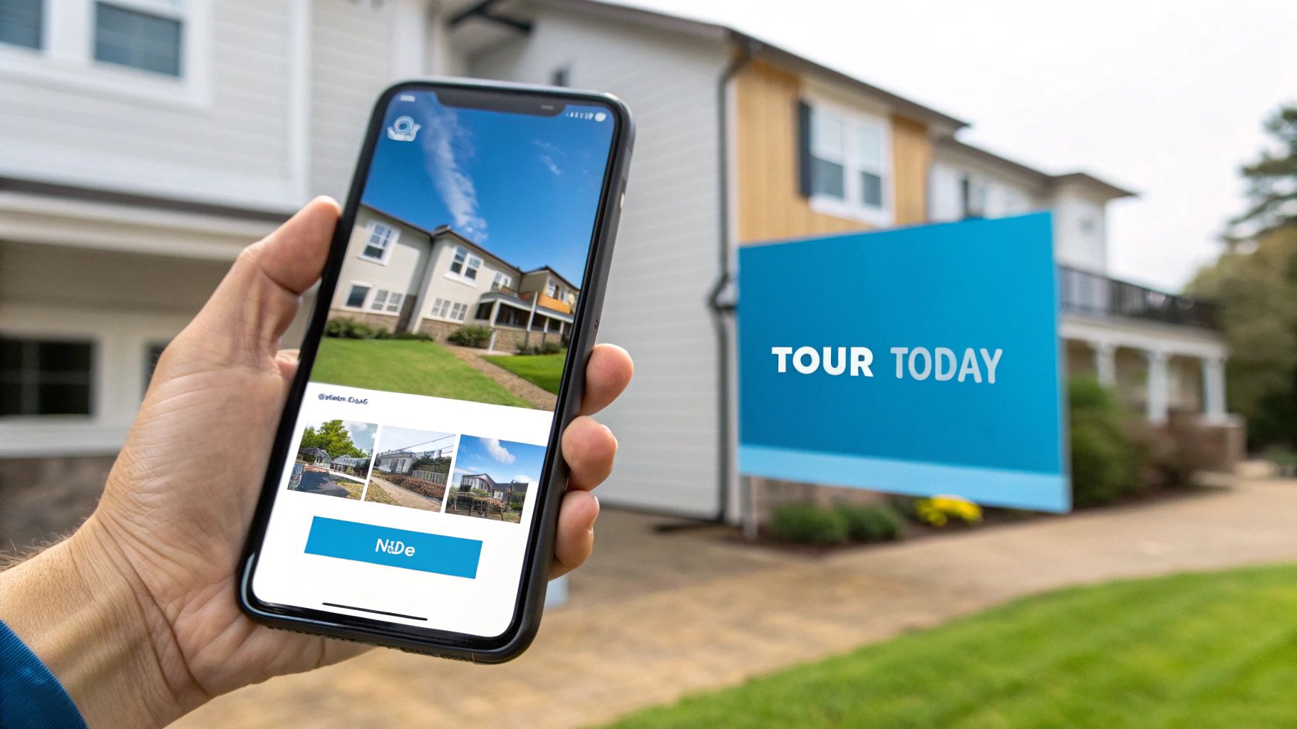 A hand holds a smartphone displaying a real estate app for self-guided tours, with a "TOUR TODAY" sign in front of a house.
