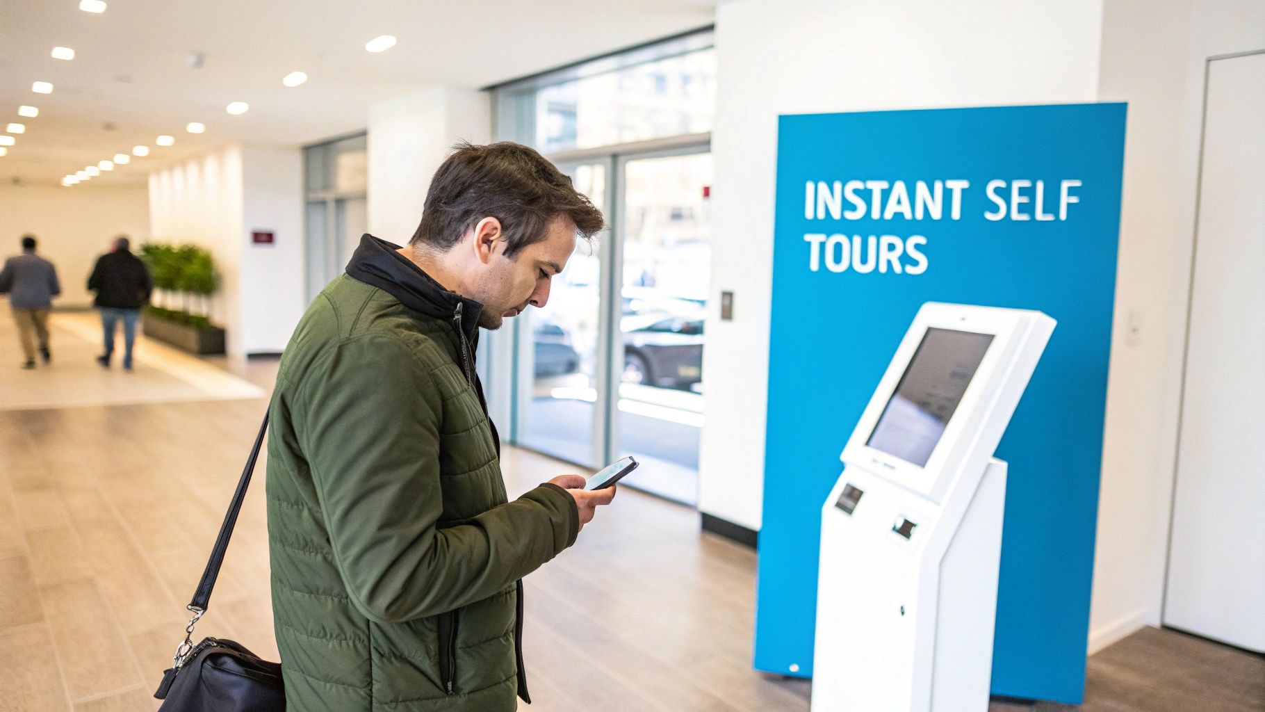 A man in a green jacket uses his smartphone next to a self-service kiosk and an 'INSTANT SELF TOURS' sign.