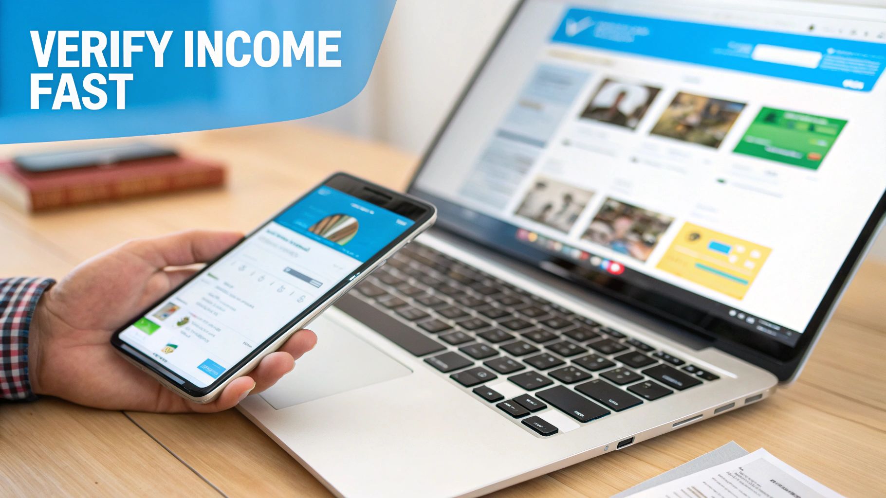 Man holding a smartphone and using a laptop to quickly verify income online.