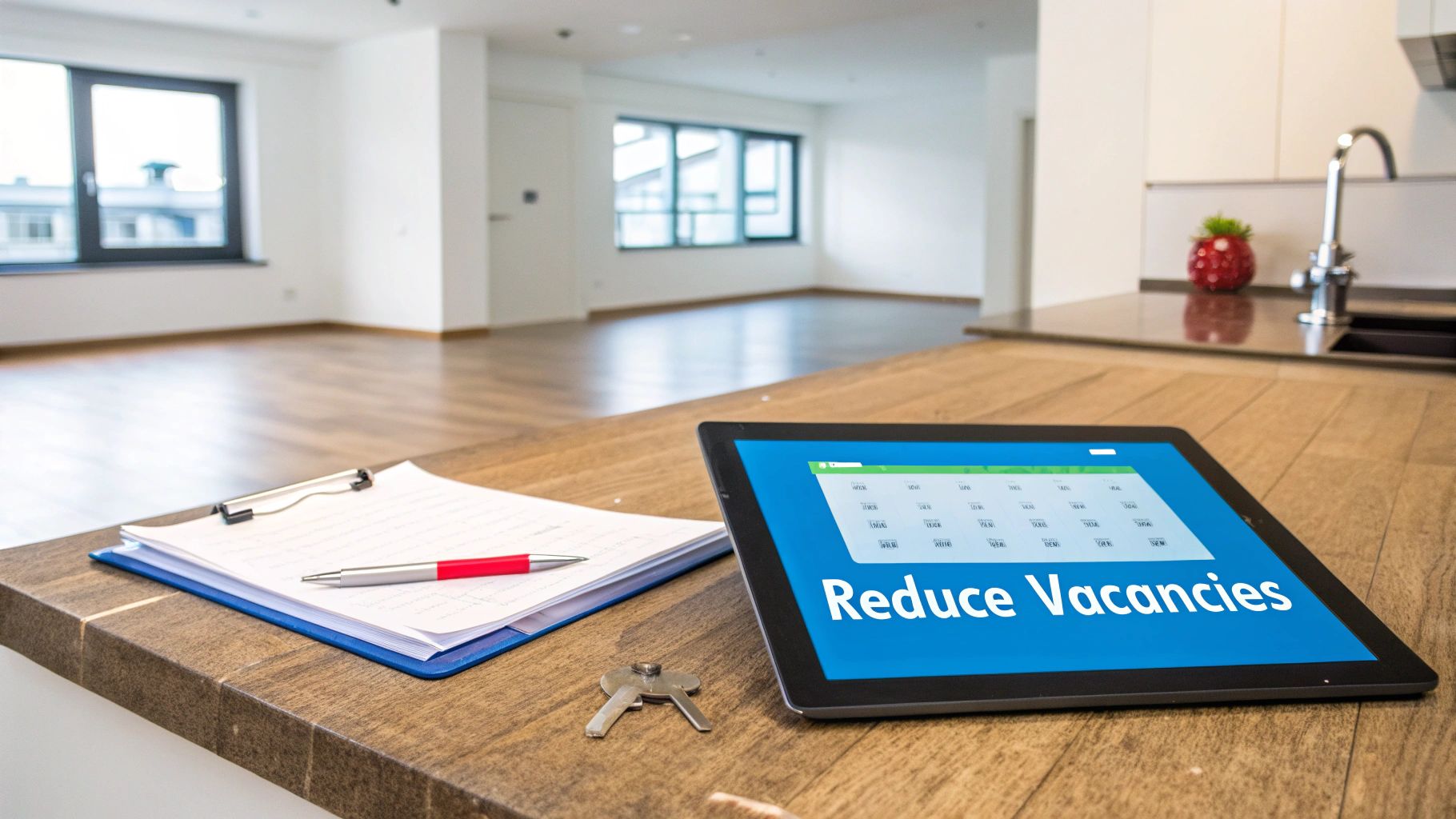 An empty modern apartment with a tablet displaying 'Reduce Vacancies', keys, and a clipboard on a table.