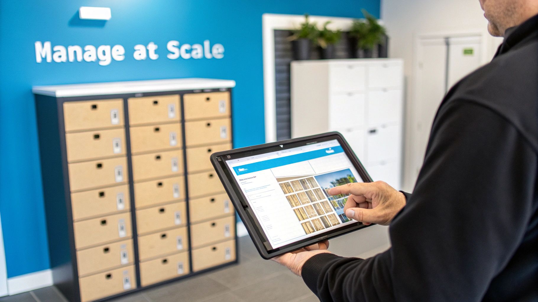 A person's hands interact with a tablet showing a grid of images, with smart lockers and a blue wall in the background.