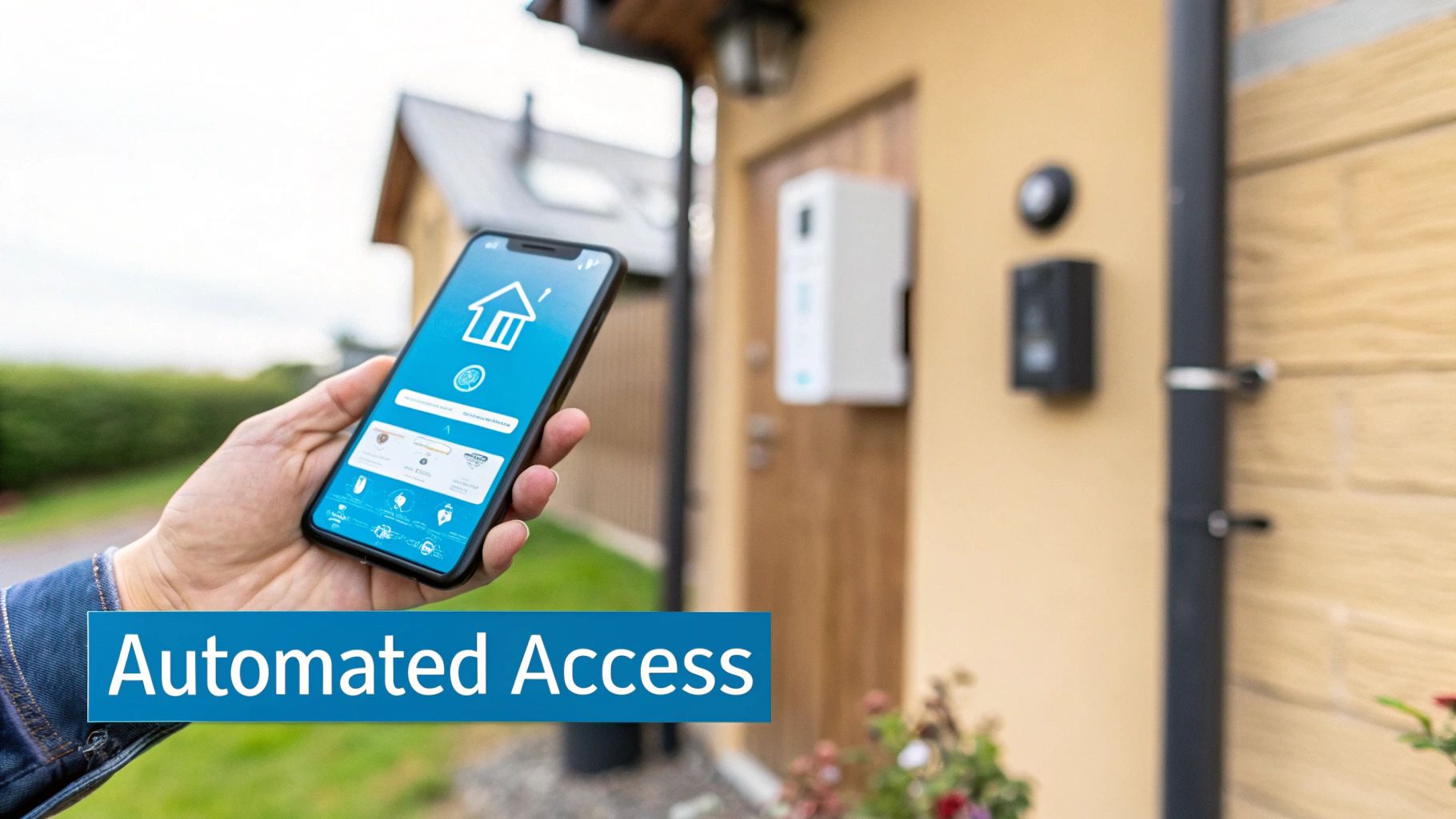 A hand holding a smartphone displaying a smart home app for automated access to a house.