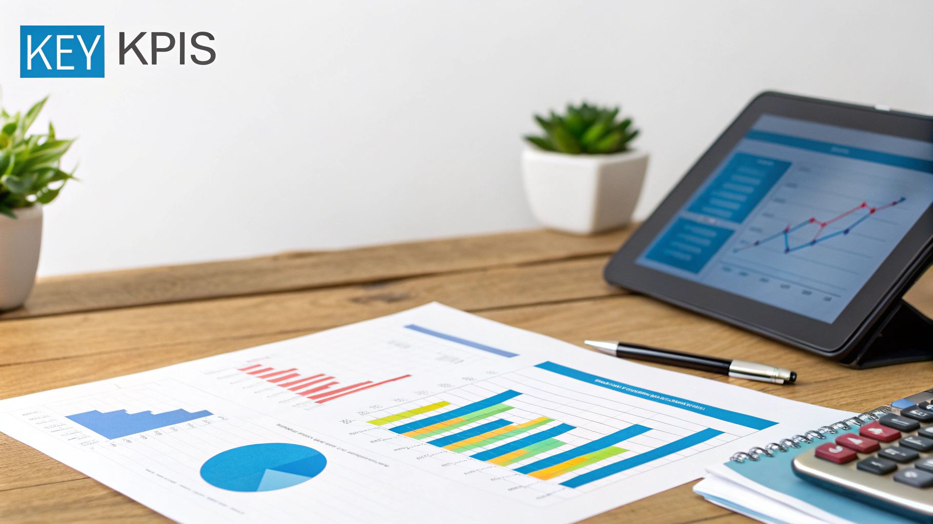 A desk with financial reports, graphs on a tablet, a calculator, and a pen, symbolizing business analytics.