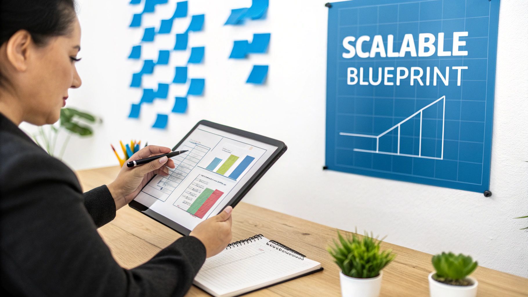A woman analyzes data on a tablet with charts, a 'Scalable Blueprint' poster, and sticky notes.