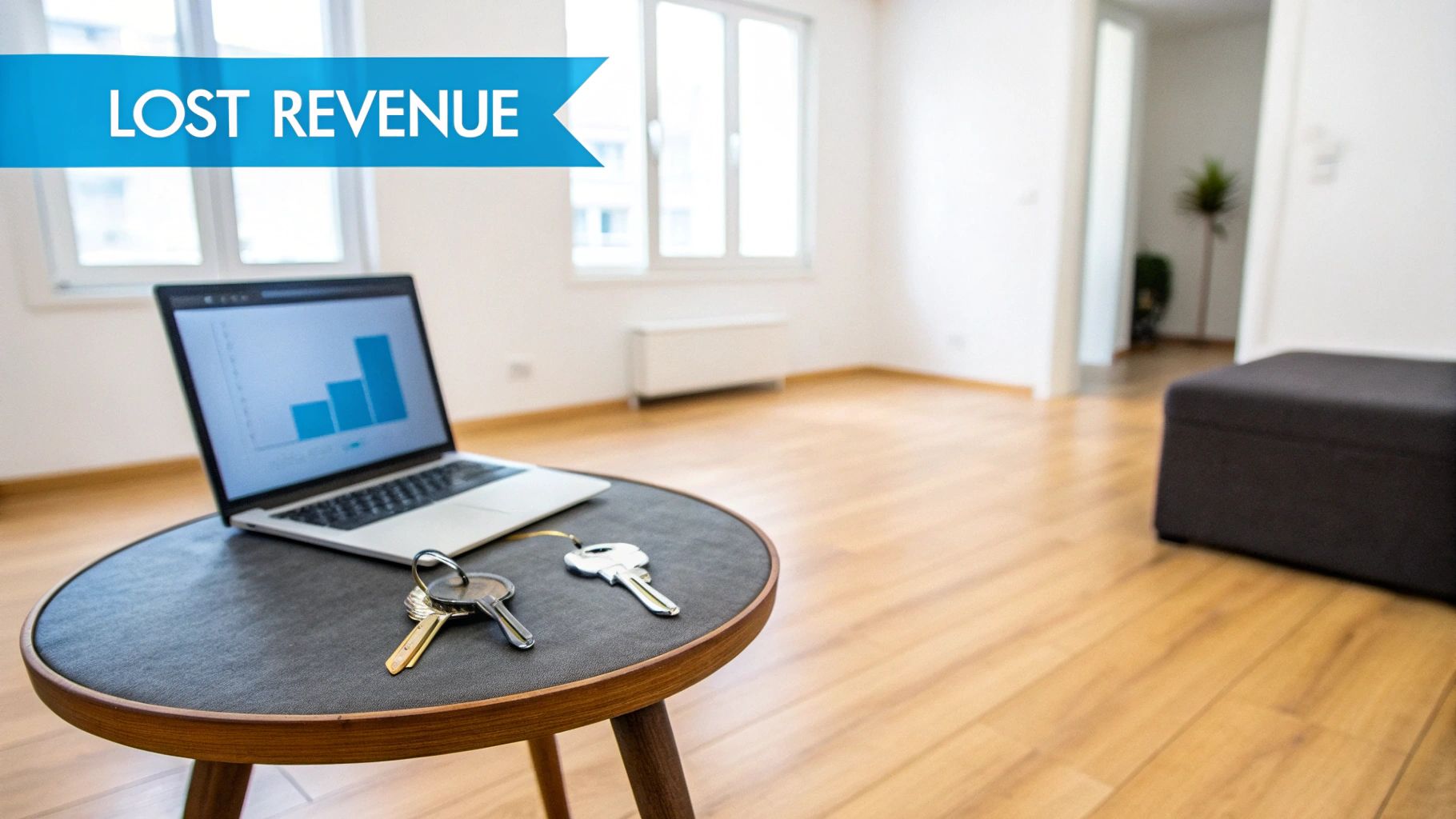 Laptop displaying a bar chart and keys on a table in an empty apartment, with a 'LOST REVENUE' banner.
