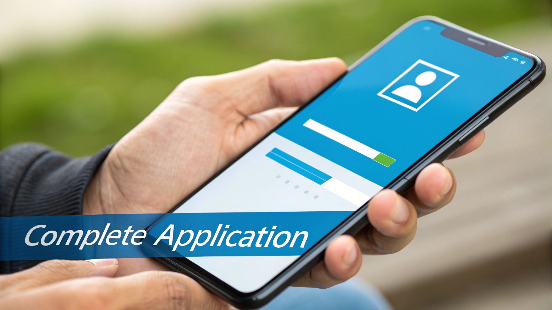 Person holding smartphone displaying an online application form with a progress bar and profile icon, text 'Complete Application'.