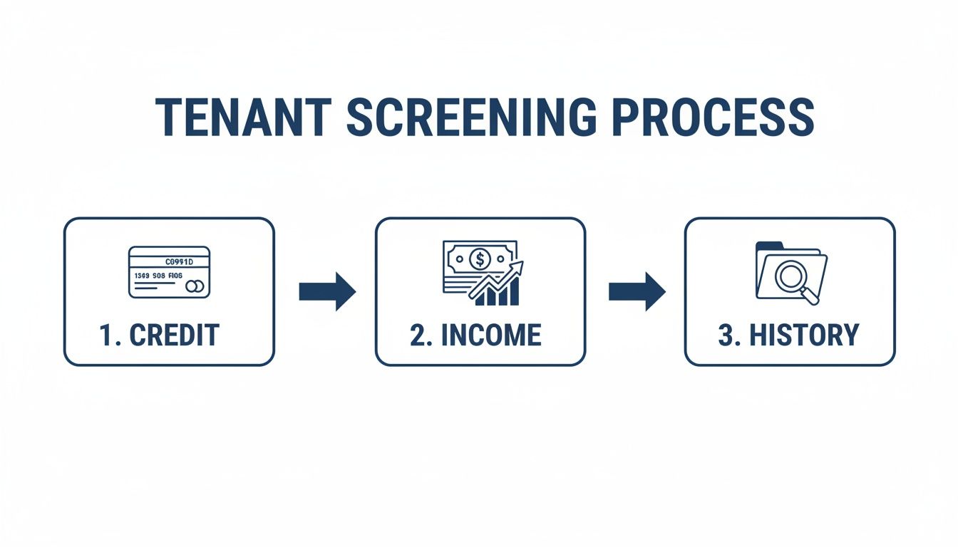 A flowchart showing the tenant screening process with three steps: Credit, Income, and History.