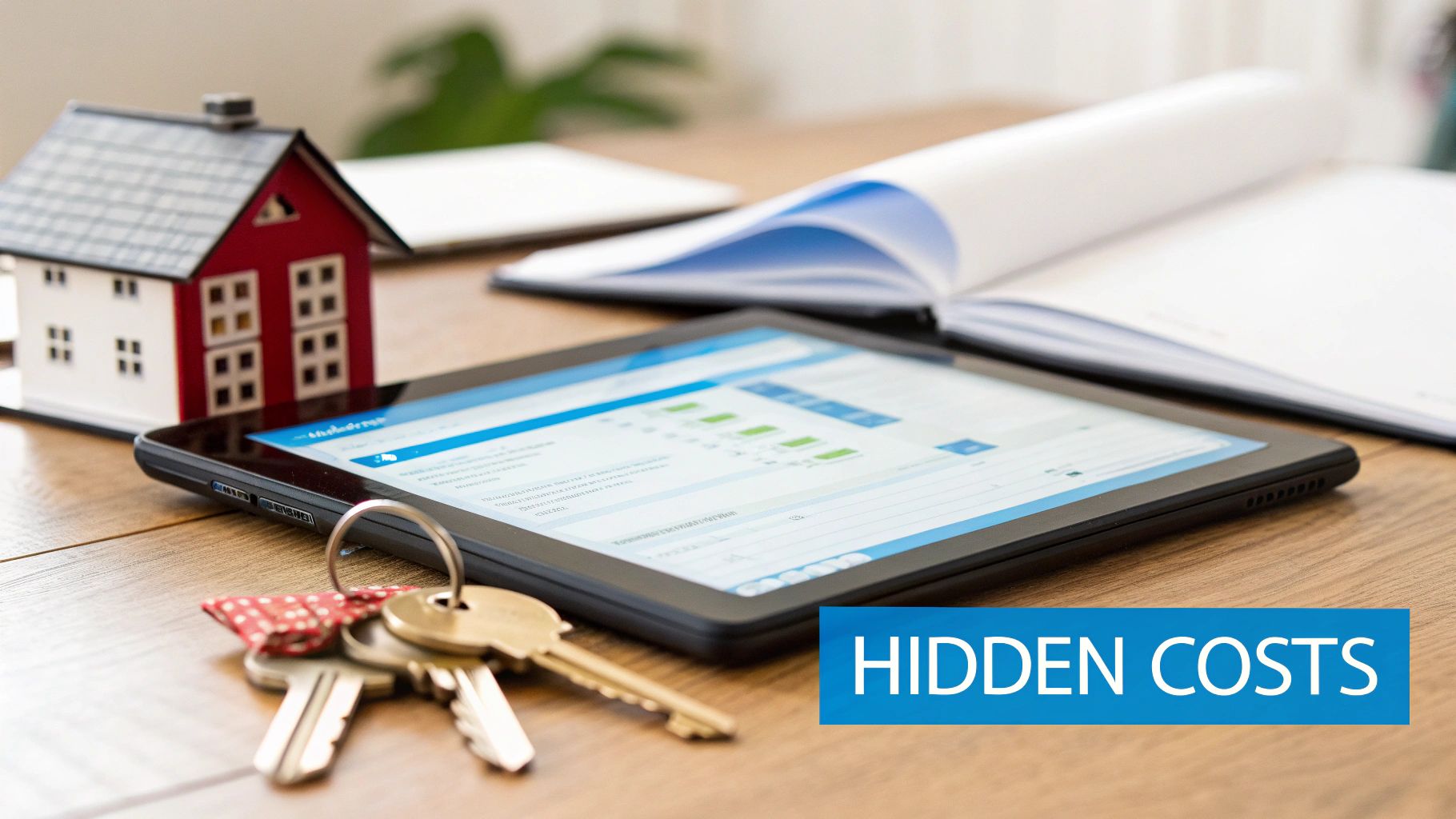 Miniature house, tablet with financial data, and keys on a wooden desk with a 'Hidden Costs' overlay.
