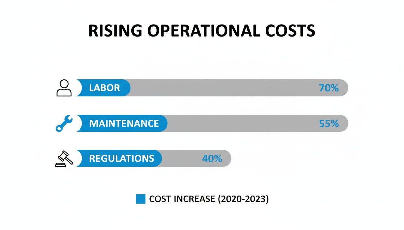 Infographic showing rising operational costs: labor 70%, maintenance 55%, and regulations 40% from 2020-2023.