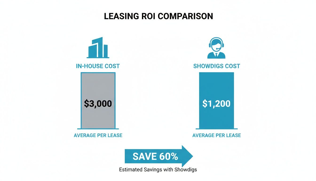 A bar chart comparing in-house leasing cost ($3,000) versus Showdigs cost ($1,200), indicating 60% savings.