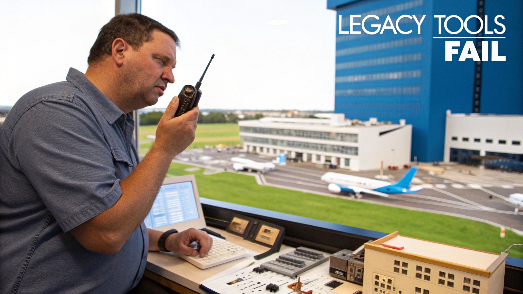 A man communicates via a handheld radio and types on a keyboard in an airport control room.
