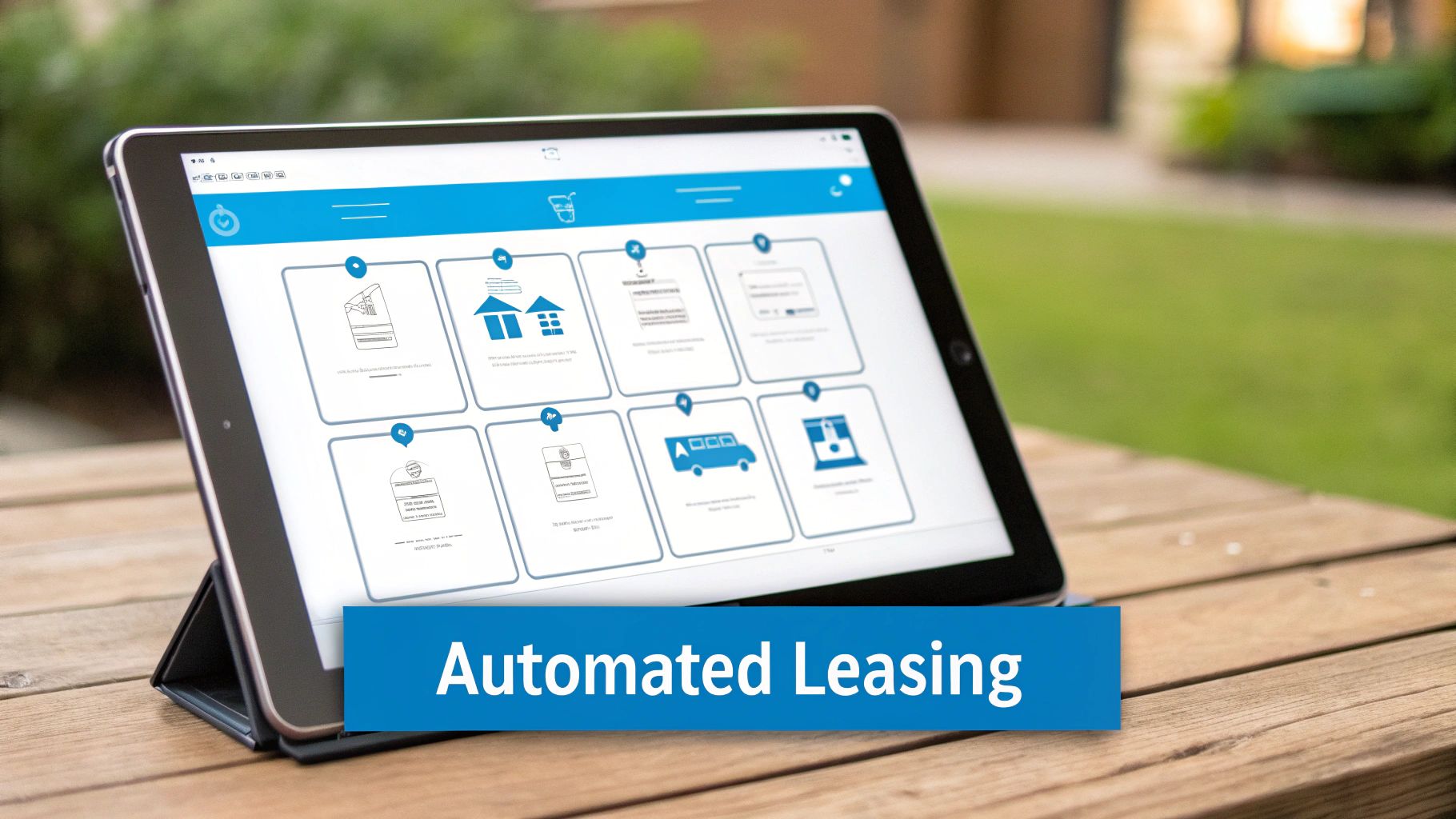A tablet on a wooden table displaying automated leasing software with property management icons outdoors.