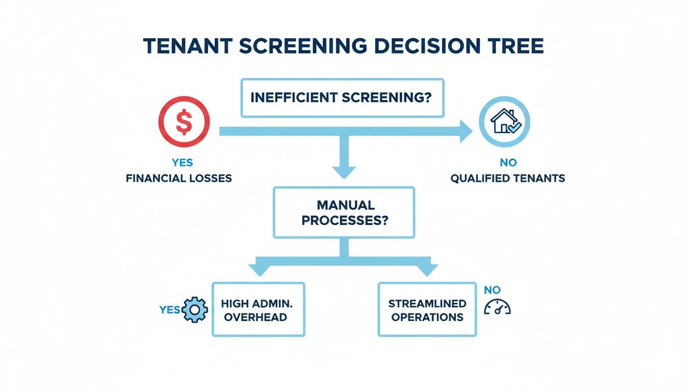 A decision tree illustrating the impact of tenant screening processes on financial outcomes and operations.