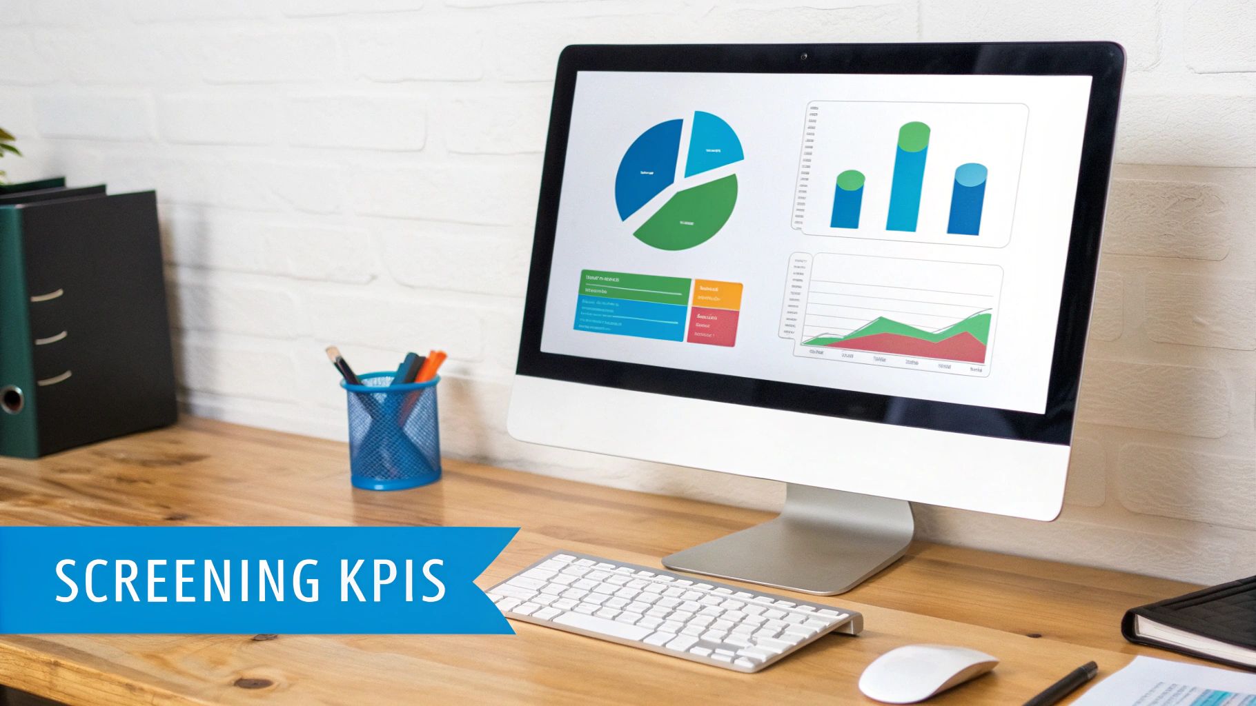 Desk with computer showing KPI dashboards, keyboard, mouse, and office supplies, promoting 'SCREENING KPIS'.