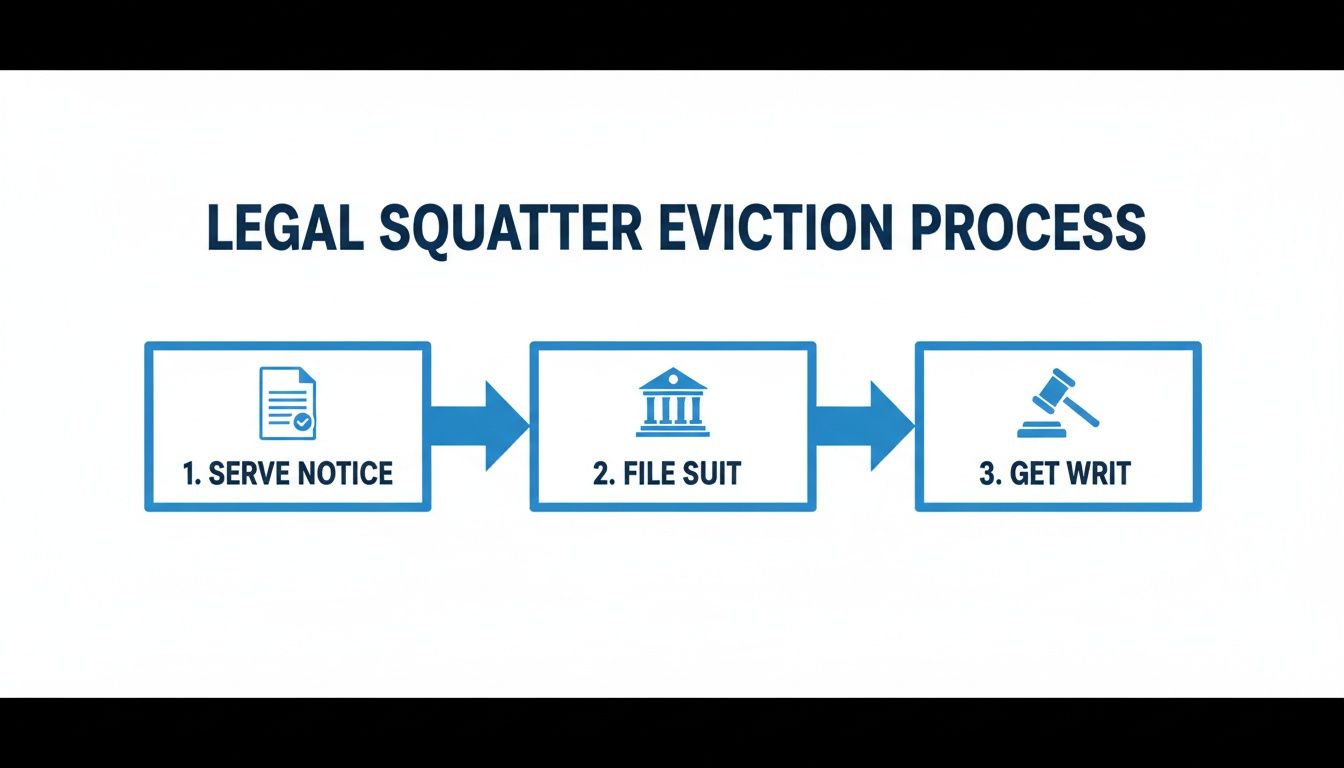 Flowchart detailing the three-step legal process for squatter eviction: serve notice, file suit, get writ.