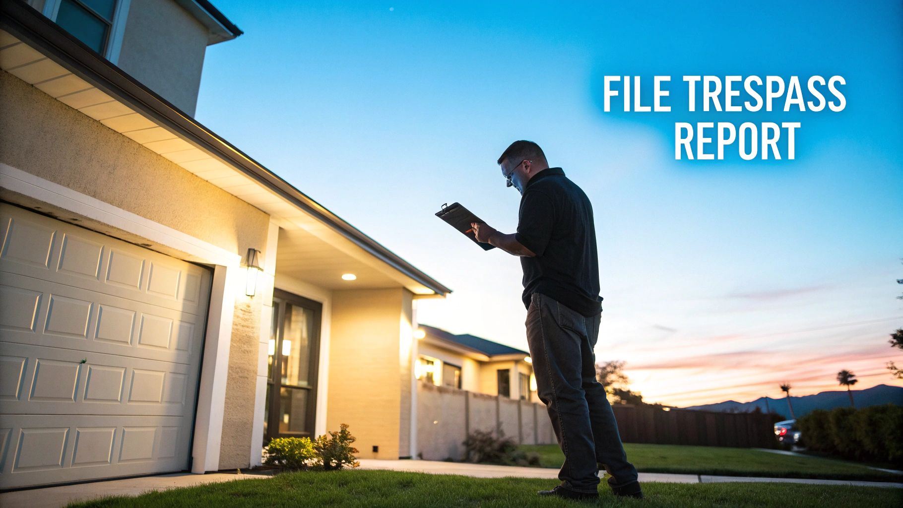 A man in glasses stands on a lawn in front of a house, reviewing a trespass report on a clipboard.