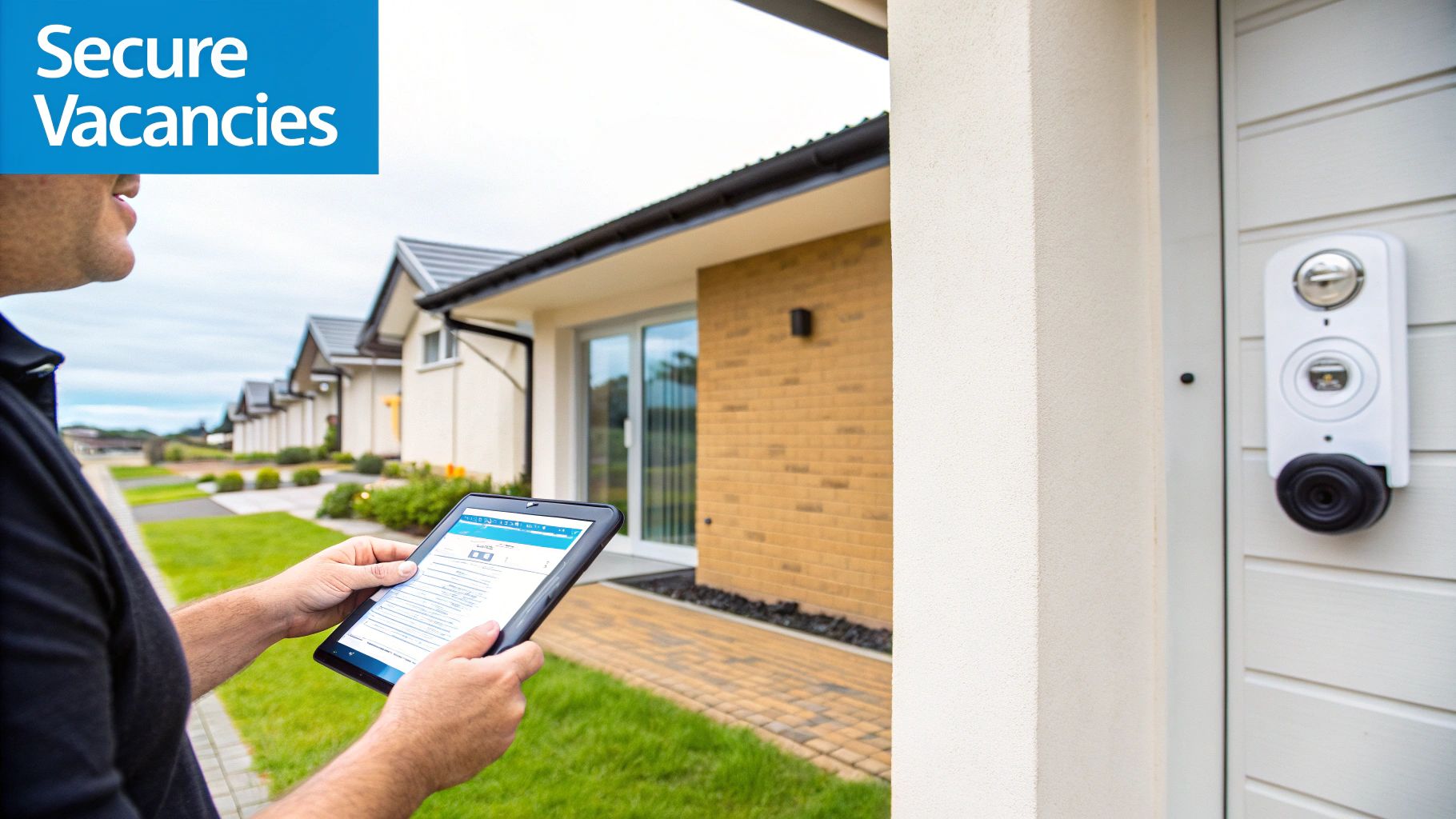 A man holds a tablet outside modern houses, interacting with a smart doorbell.