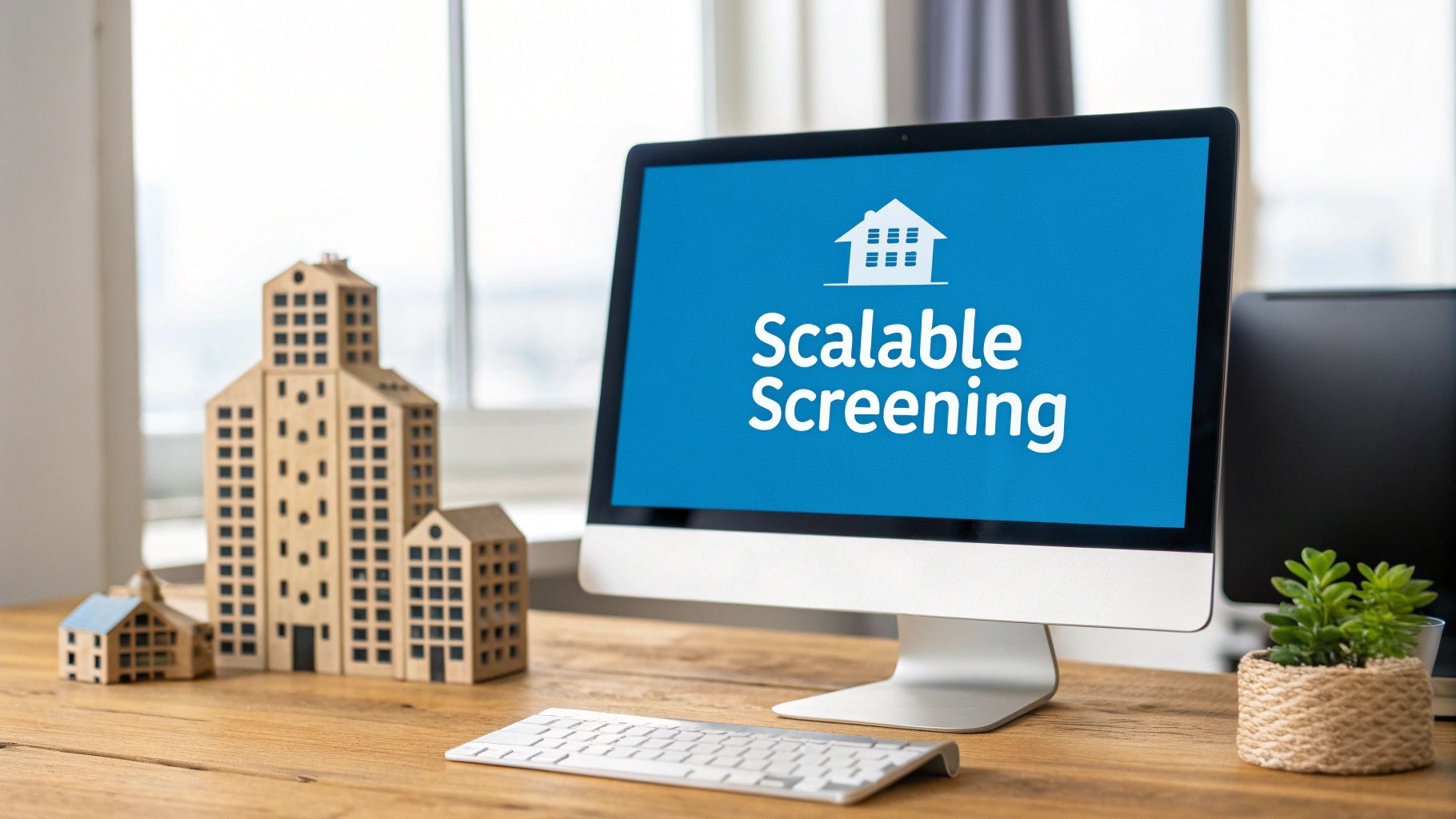 A computer screen displays 'Scalable Screening' next to wooden building models and a plant.