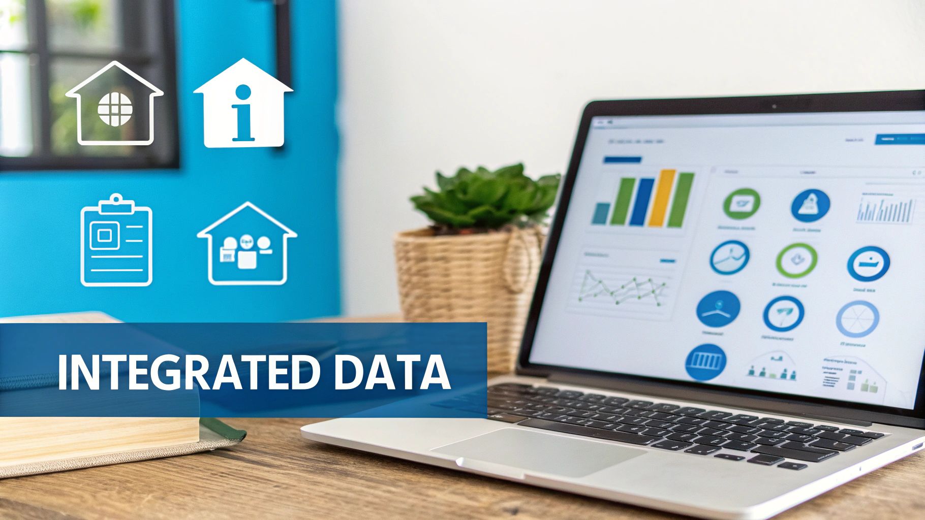 Laptop shows integrated data dashboards with house and clipboard icons, symbolizing property management and analytics.