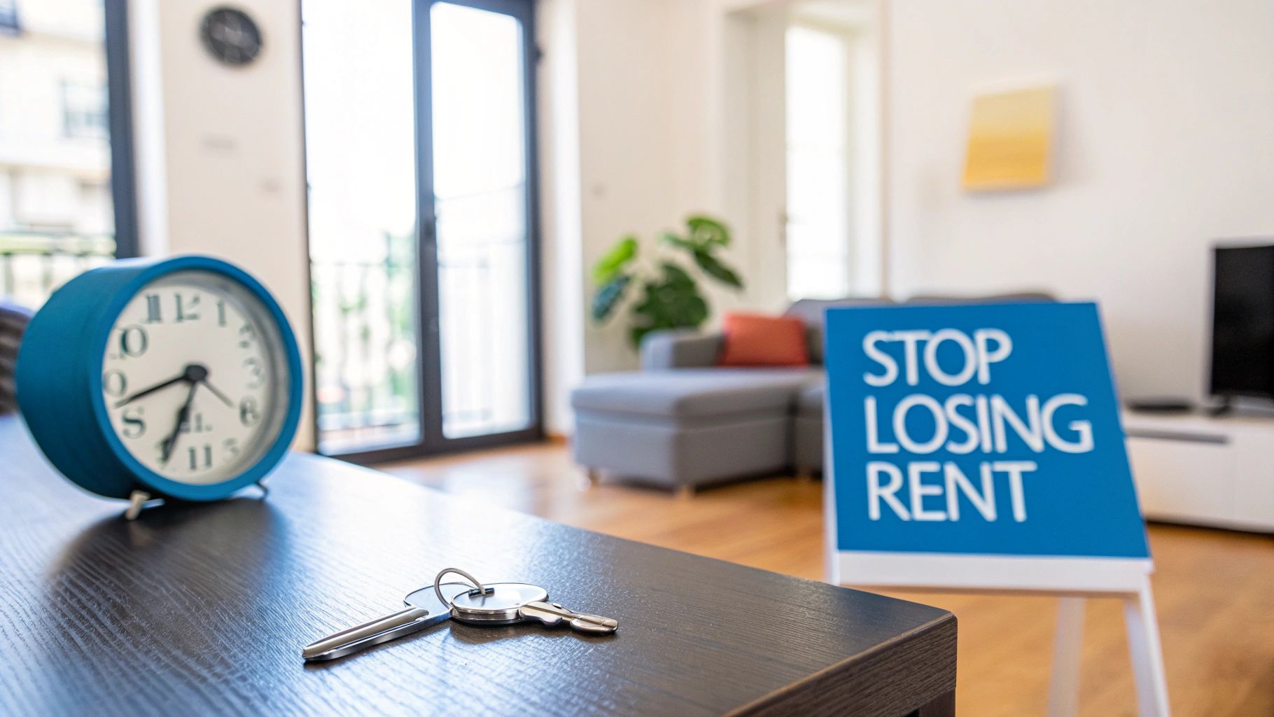 A blue alarm clock and keys on a table, with a 'STOP LOSING RENT' sign in a modern apartment.