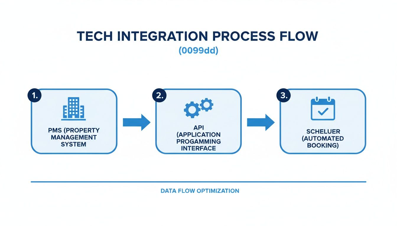 Diagram illustrating the tech integration process flow from Property Management System to Automated Booking via API.