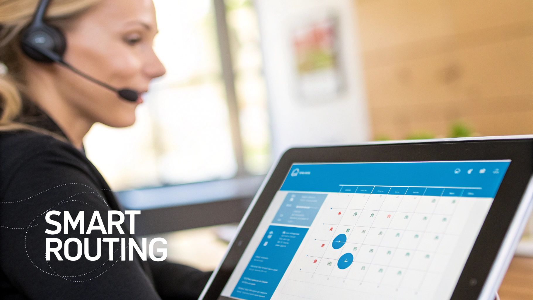 A woman wearing a headset uses a tablet displaying a smart routing and scheduling interface.
