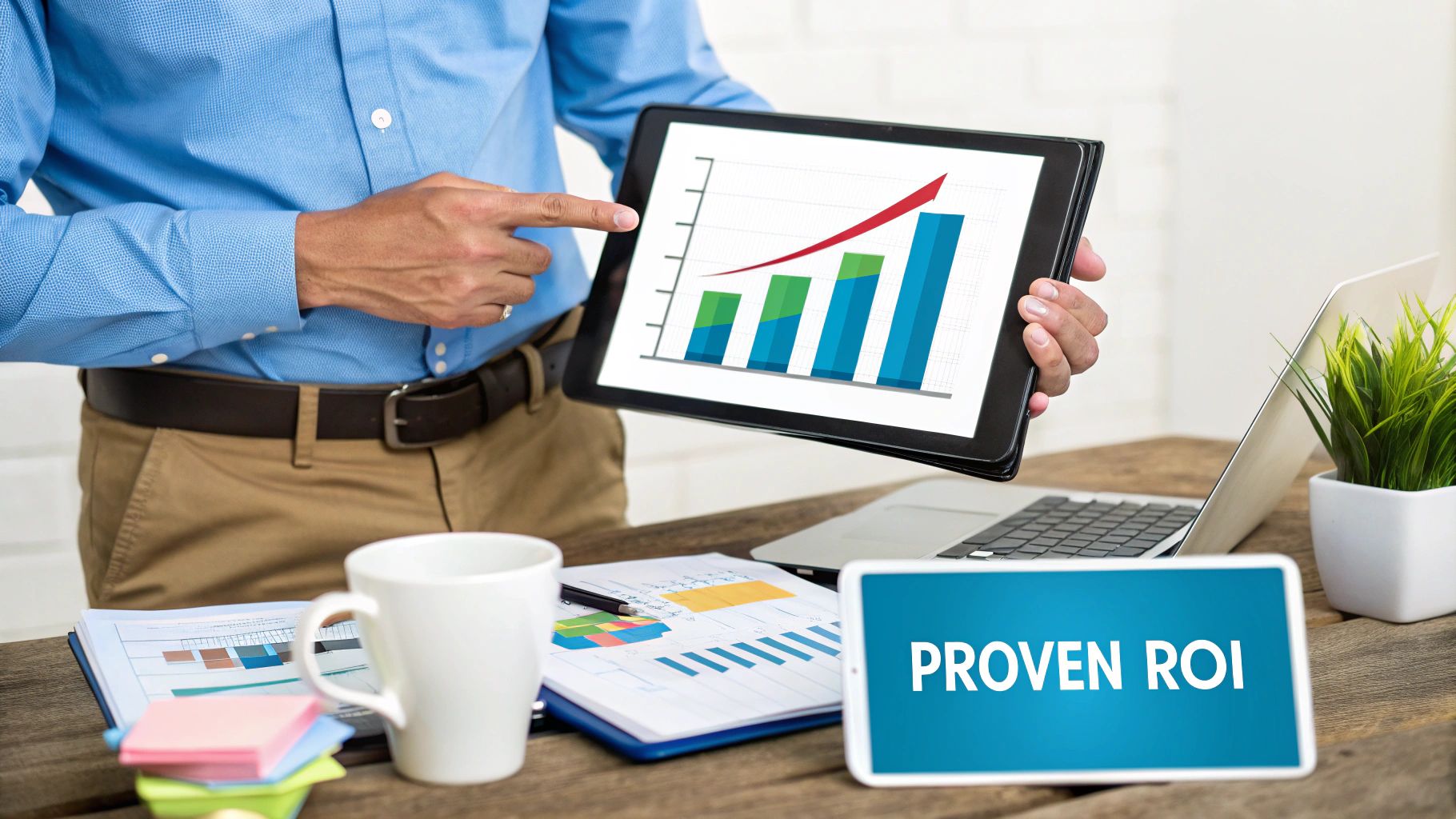 A person presents a tablet with a rising bar graph, demonstrating proven ROI in a business setting.