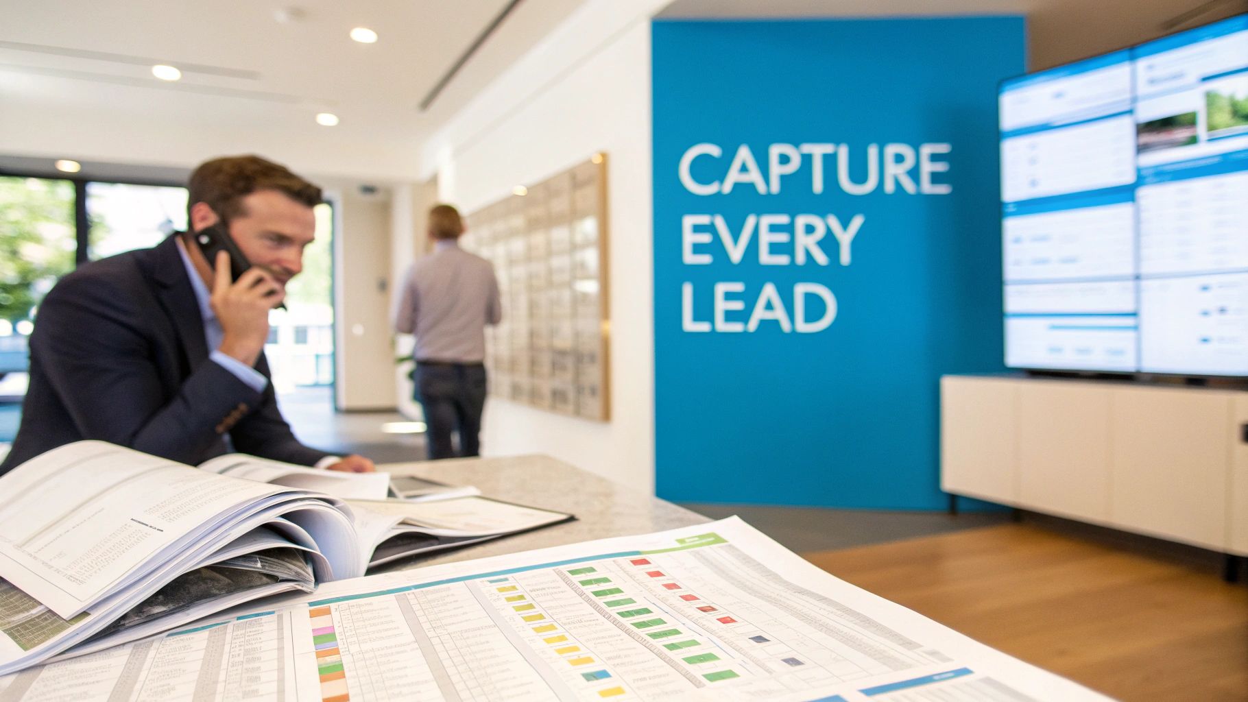 Businessman on a call, reviewing detailed schedules and reports at an office desk.