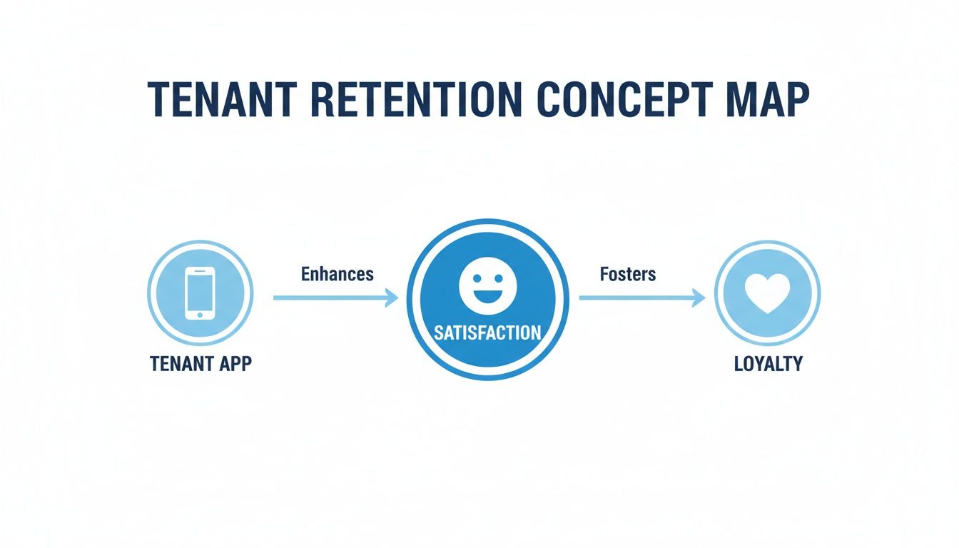 A concept map illustrates how a tenant app enhances satisfaction, fostering tenant loyalty for retention.