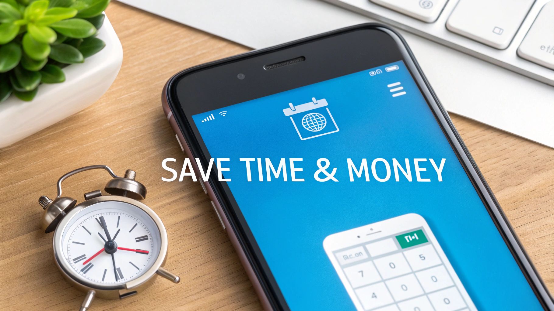 Smartphone displaying 'SAVE TIME & MONEY' with a calendar icon and calculator app, beside an alarm clock.